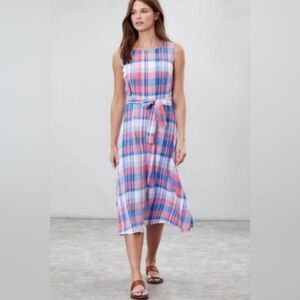 Joules Pink Blue Plaid Fiona Midi Dress Cotton Sleeveless Tie Waist 6